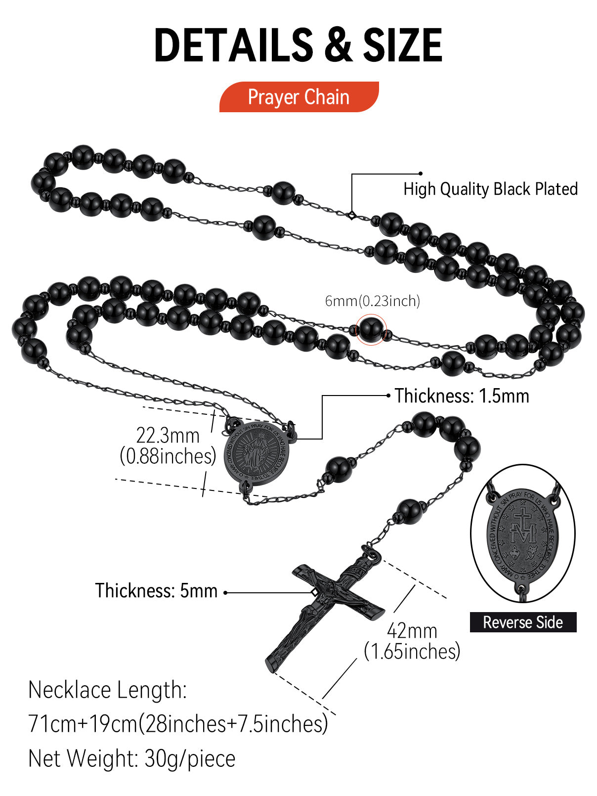 Black Rosary Beads Necklace with Dimensions, Catholic Cross Necklace