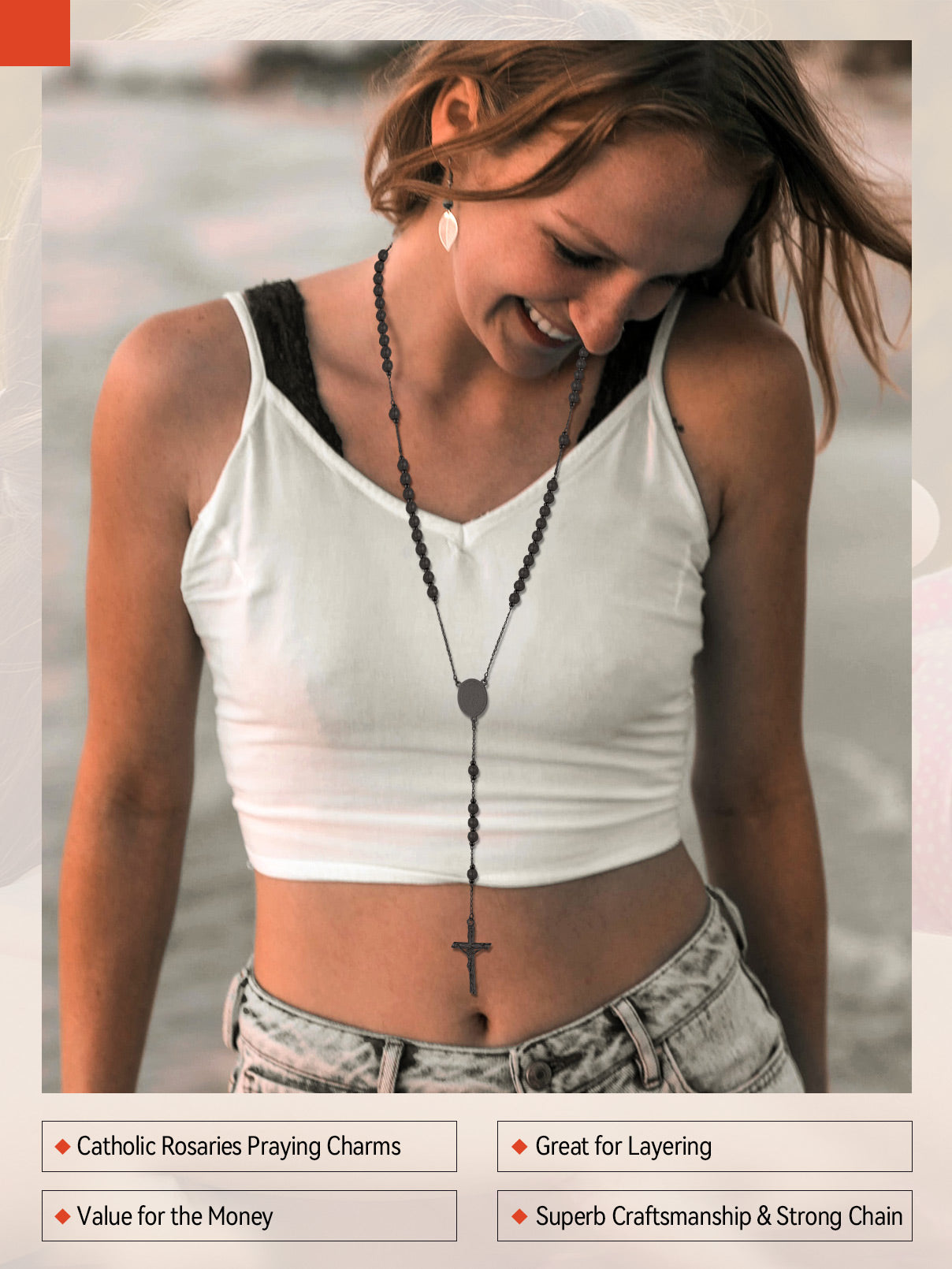 Woman wearing Catholic Rosary Beads Necklace