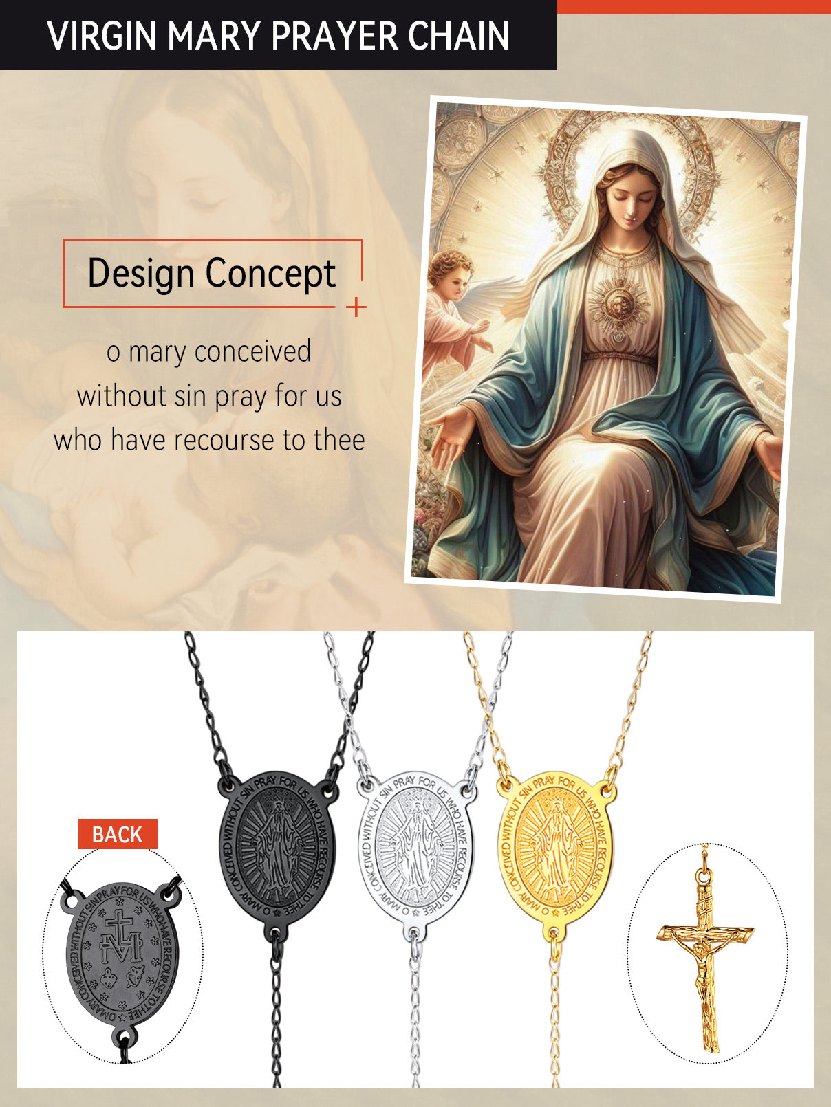 Virgin Mary Rosary Beads Necklace, Catholic Cross Necklace for Men Women