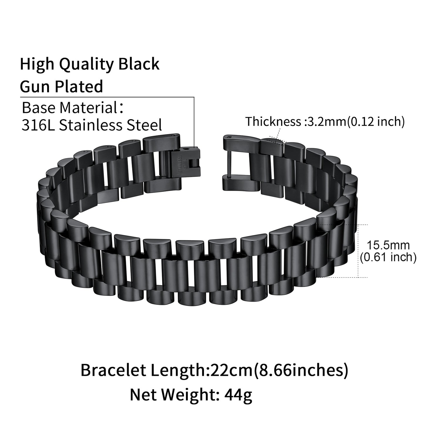 Black stainless steel chunky watch band bracelet for men, details
