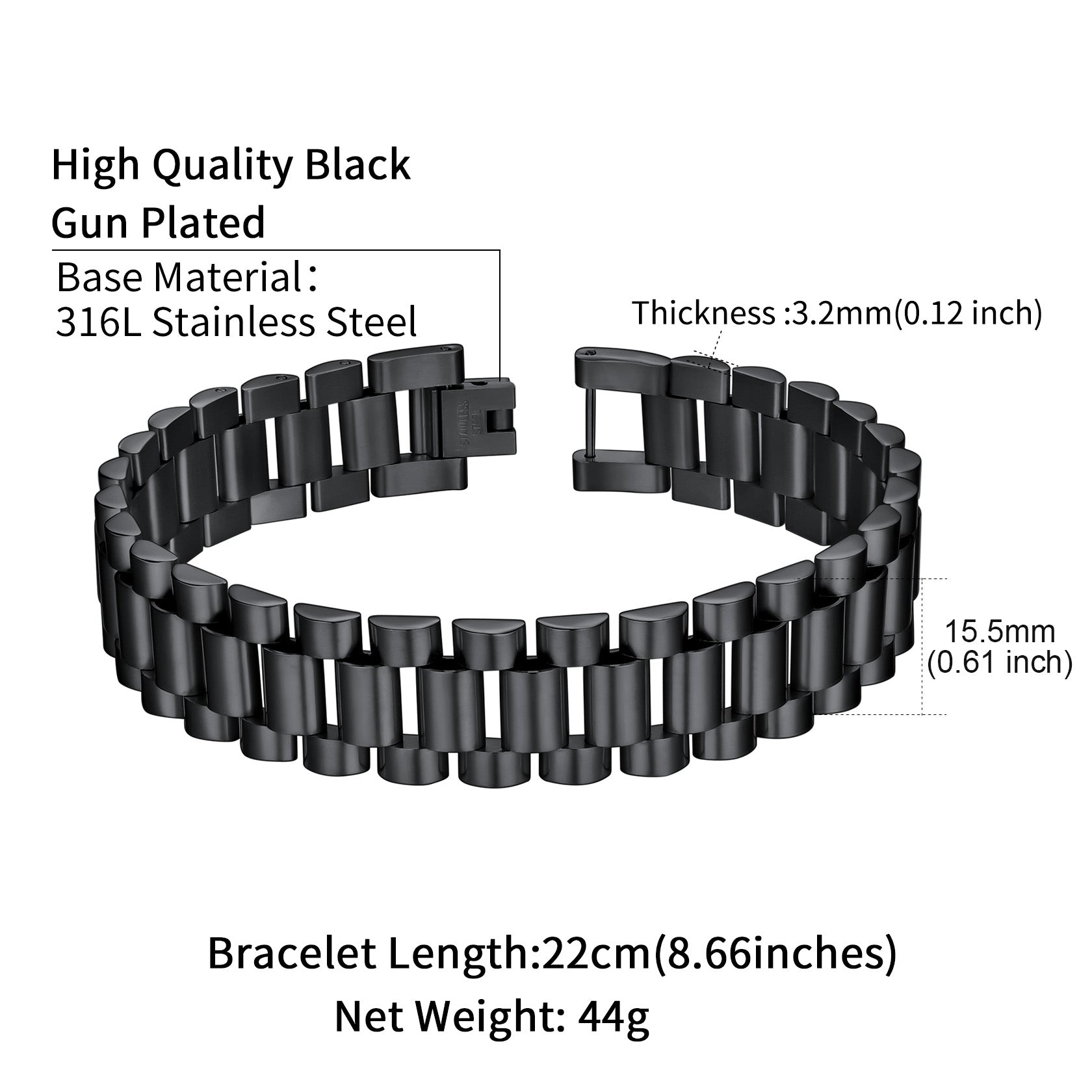 Black stainless steel chunky watch band bracelet for men, details