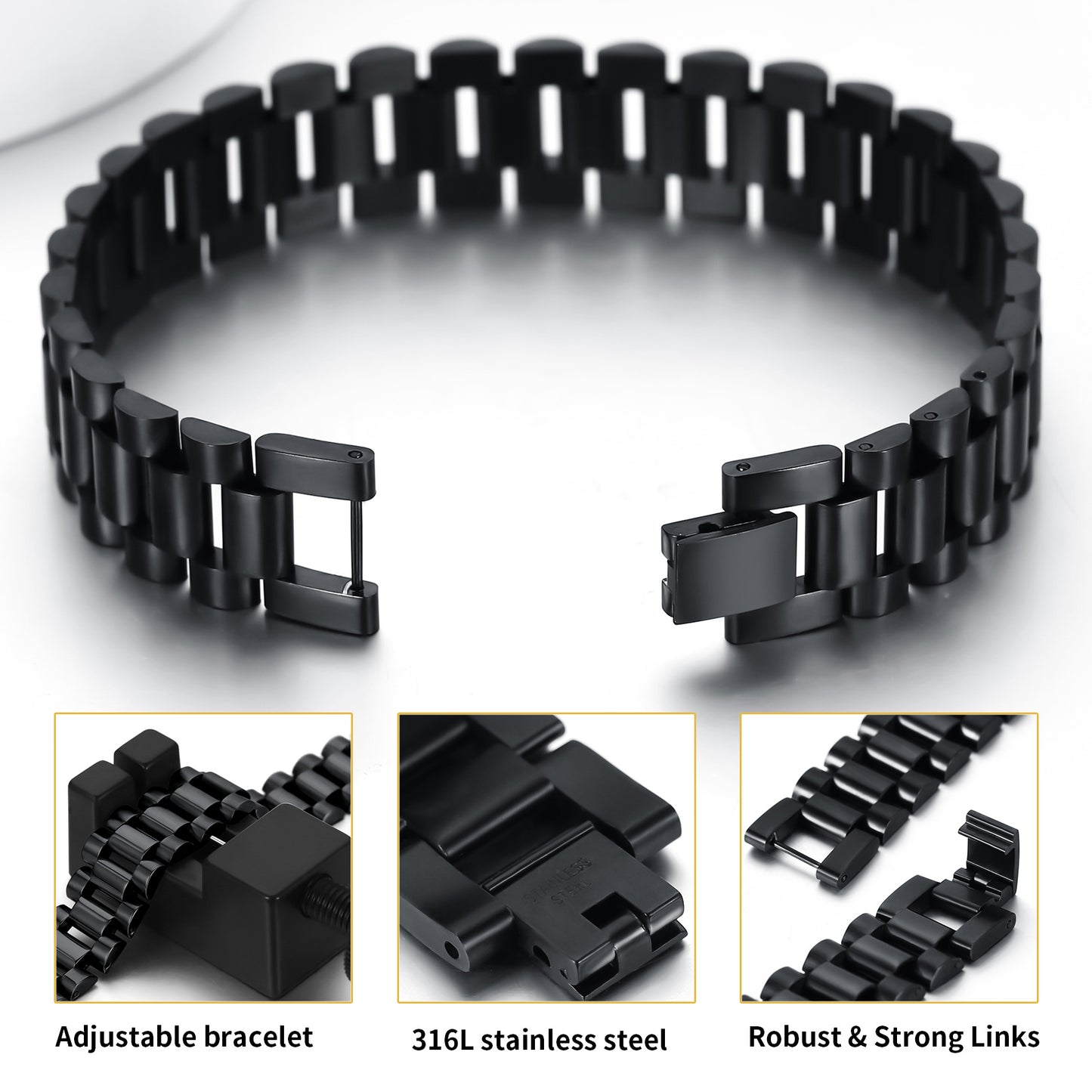 Black stainless steel chunky watch band bracelet for men, details, 15mm width