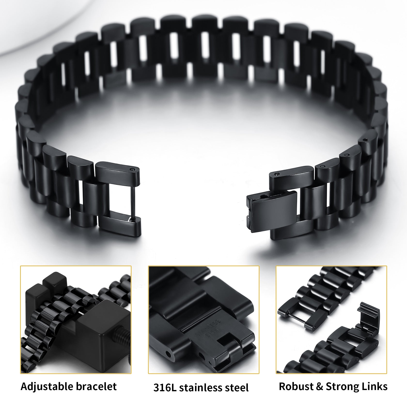 Black stainless steel chunky watch band bracelet for men, details, 15mm width