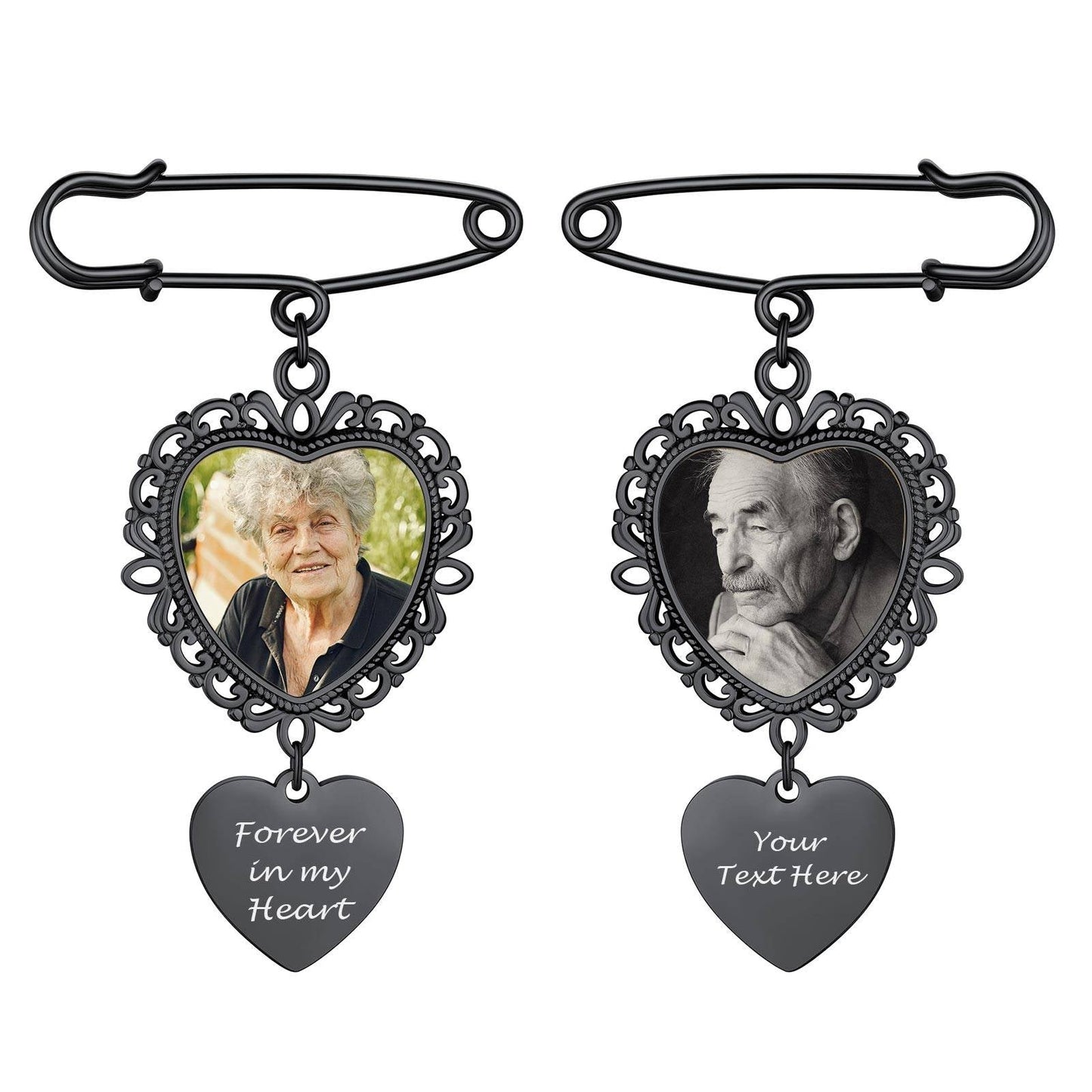 Personalized Wedding Bouquet Heart Picture Charms Brooch Pins Double Side Photo / Black Plated