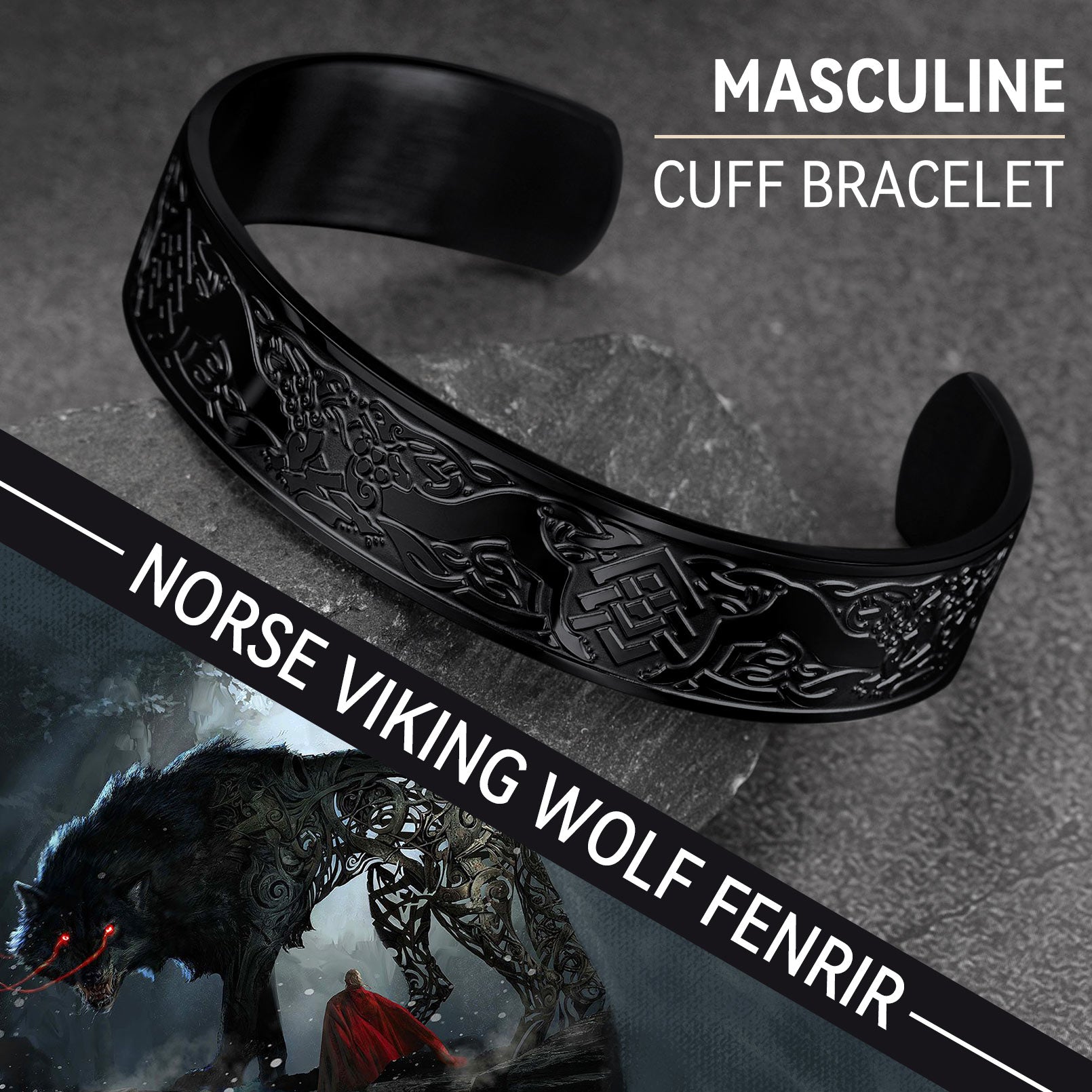 Stainless Steel Norse Viking Wolf Fenrir Cuff Bracelet