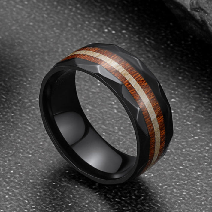 8mm Wood Grain Inlay Black Band Ring for Men