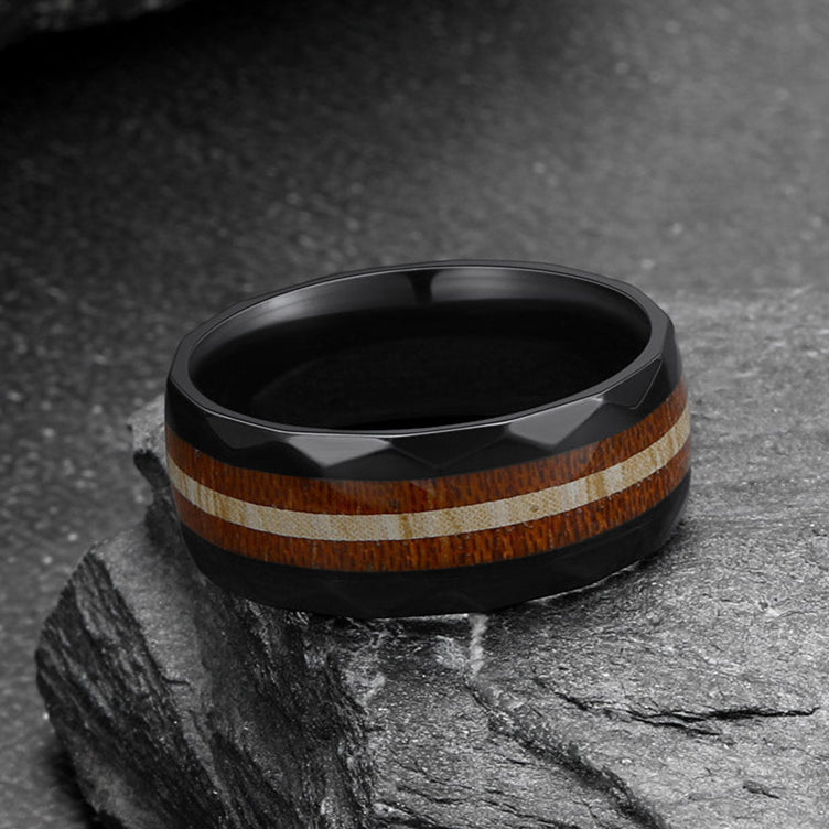 8mm Wood Grain Inlay Black Band Ring for Men