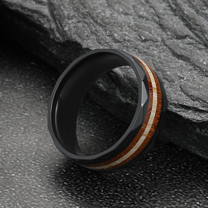 8mm Wood Grain Inlay Black Band Ring for Men