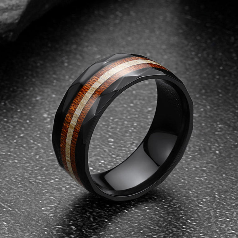8mm Wood Grain Inlay Black Band Ring for Men