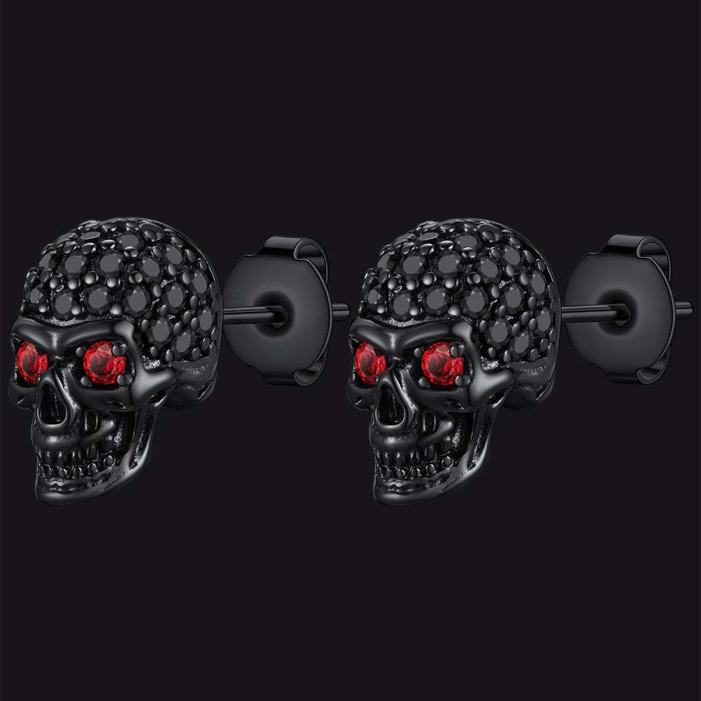 Zirconia Gothic Red Eye Stud Skull Earrings For Men
