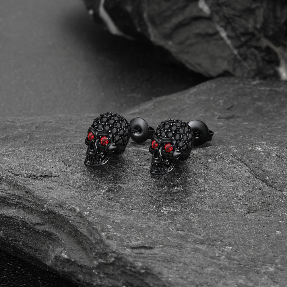 Zirconia Gothic Red Eye Stud Skull Earrings For Men