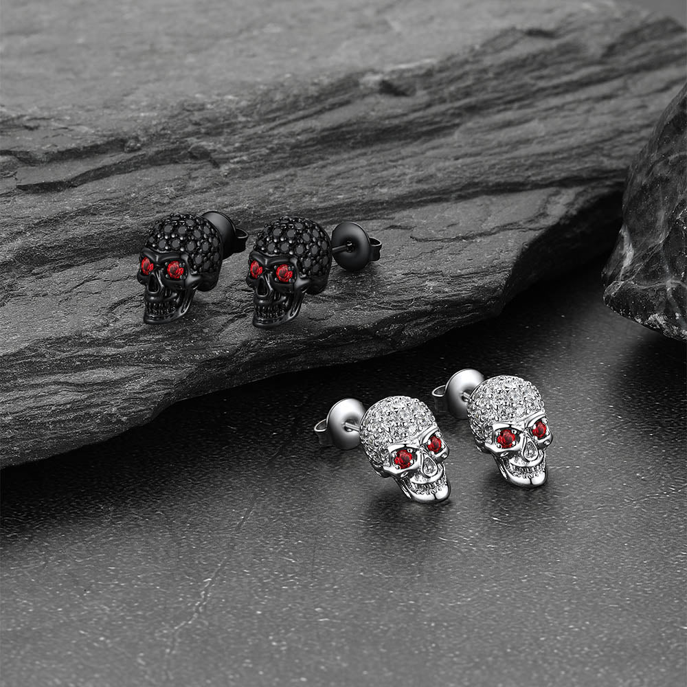 Zirconia Gothic Red Eye Stud Skull Earrings For Men