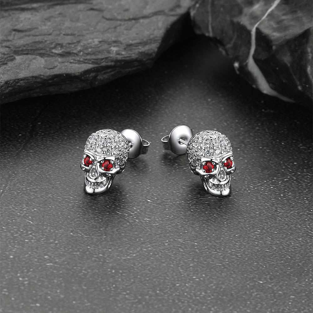 Zirconia Gothic Red Eye Stud Skull Earrings For Men