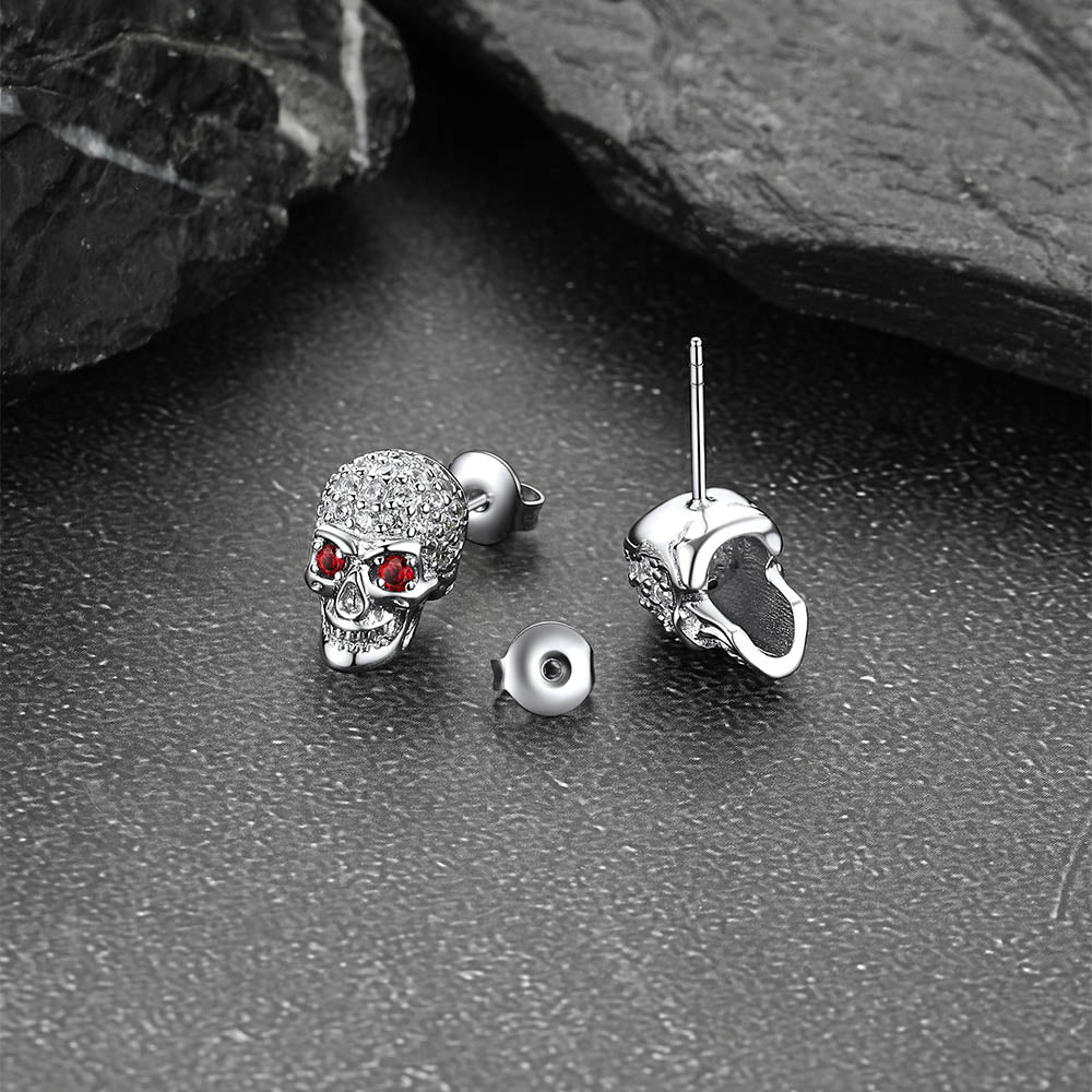 Zirconia Gothic Red Eye Stud Skull Earrings For Men