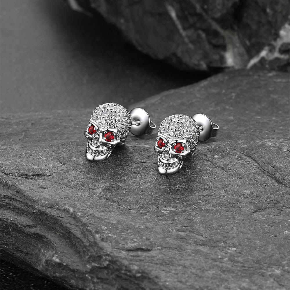 Zirconia Gothic Red Eye Stud Skull Earrings For Men