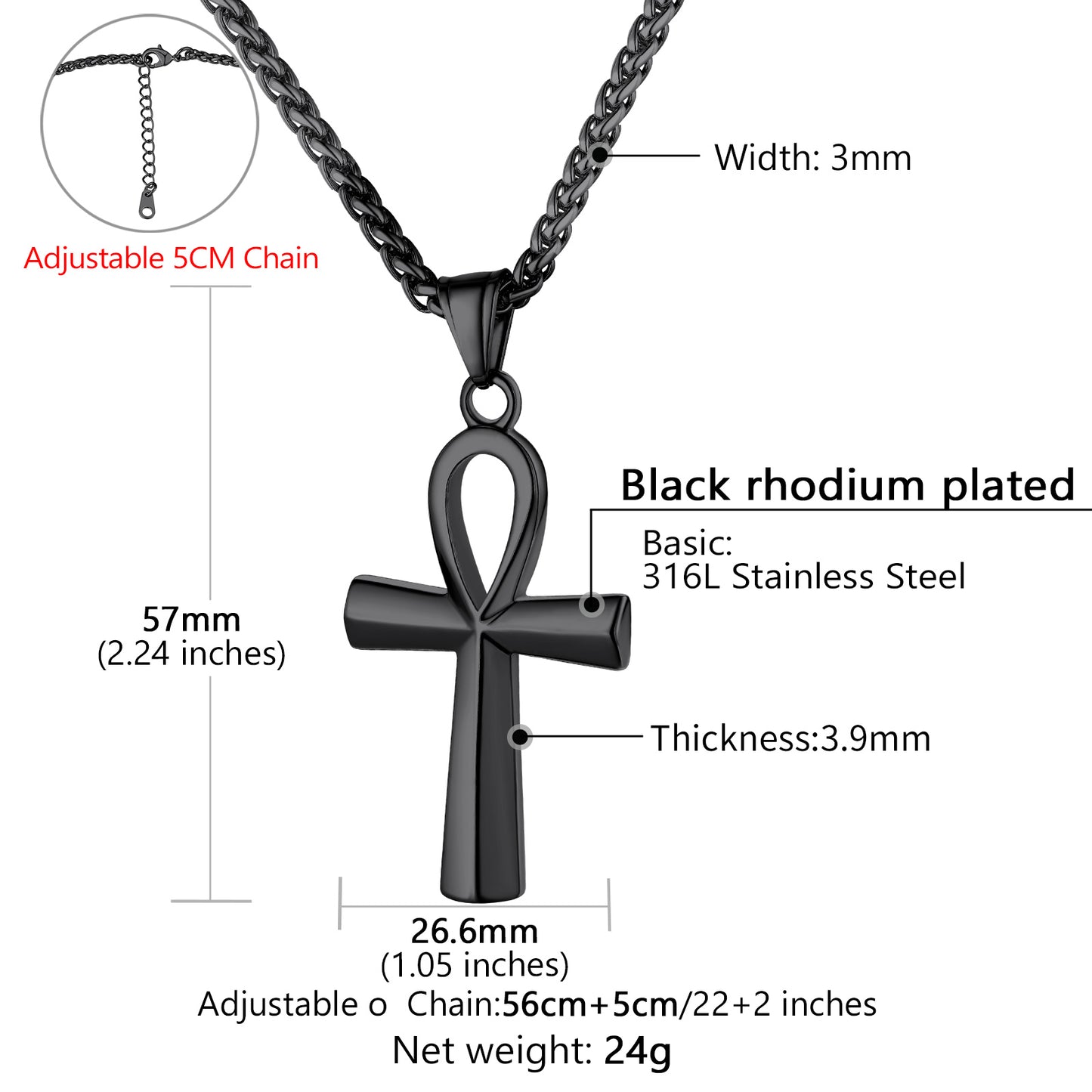 Black Ankh Cross Necklace - Stainless Steel, detailed size.