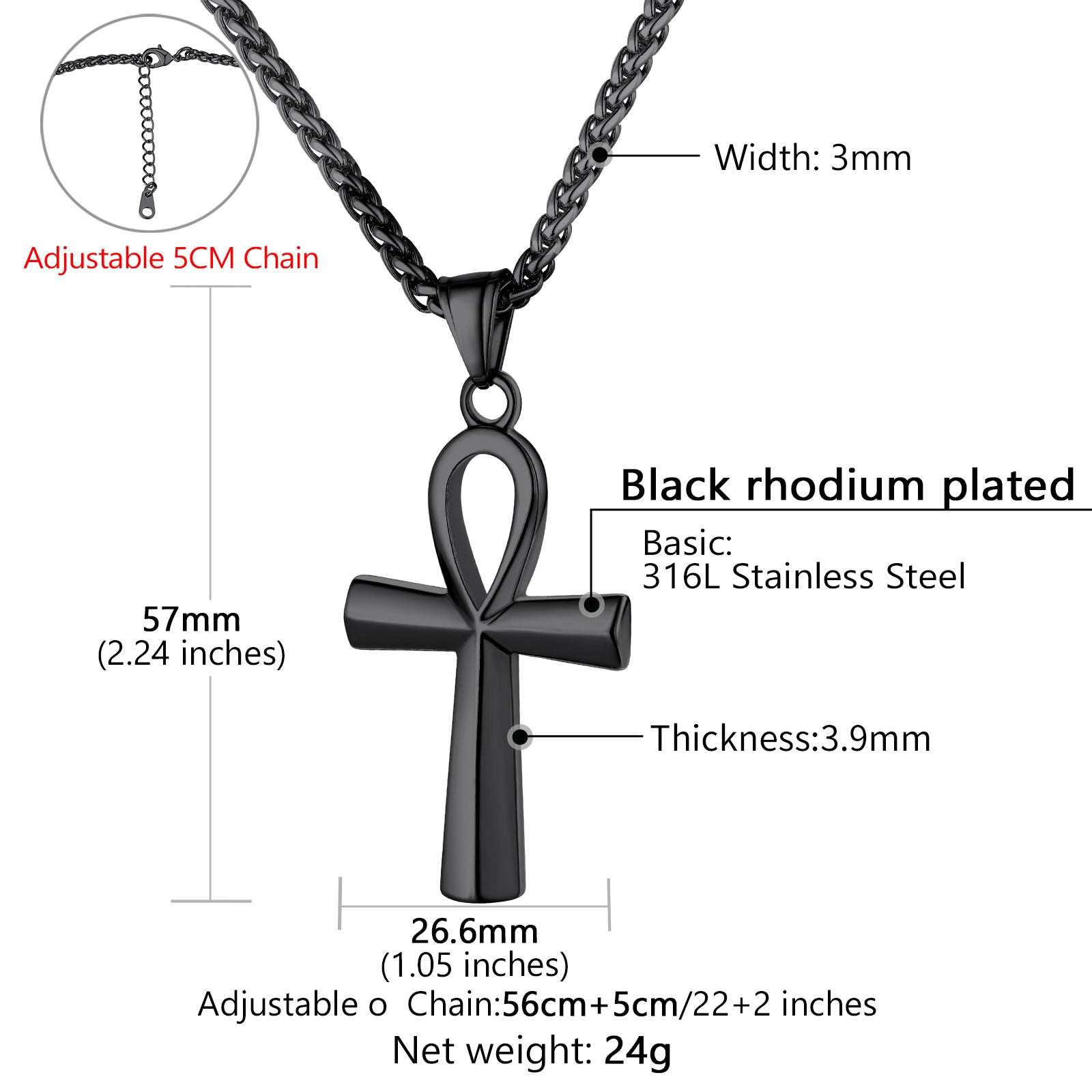 Black Ankh Cross Necklace - Stainless Steel, detailed size.