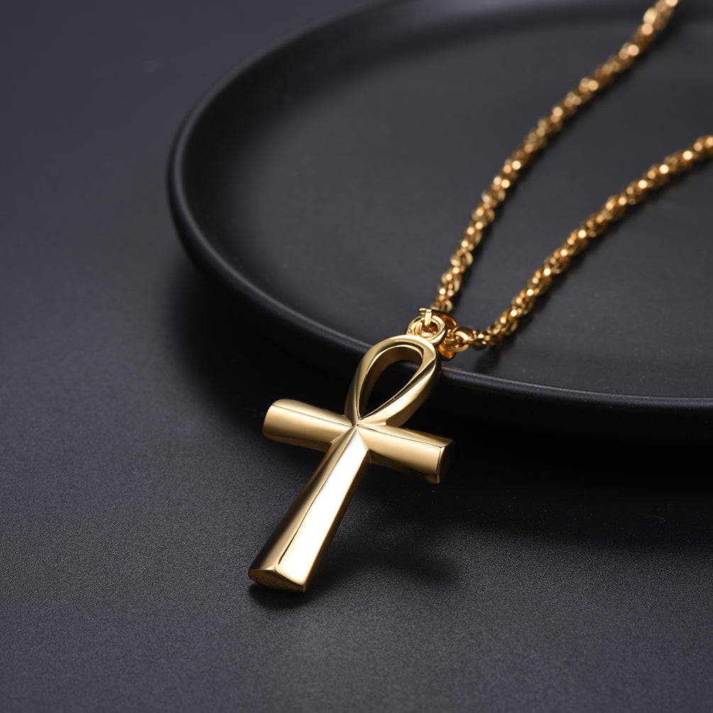 Gold Ankh Cross Necklace on Black Plate - Egyptian Jewelry