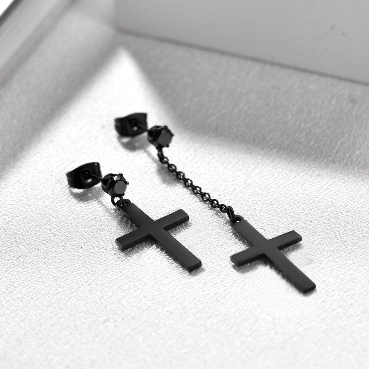 Asymmetric black cross earrings, stainless steel for men or women