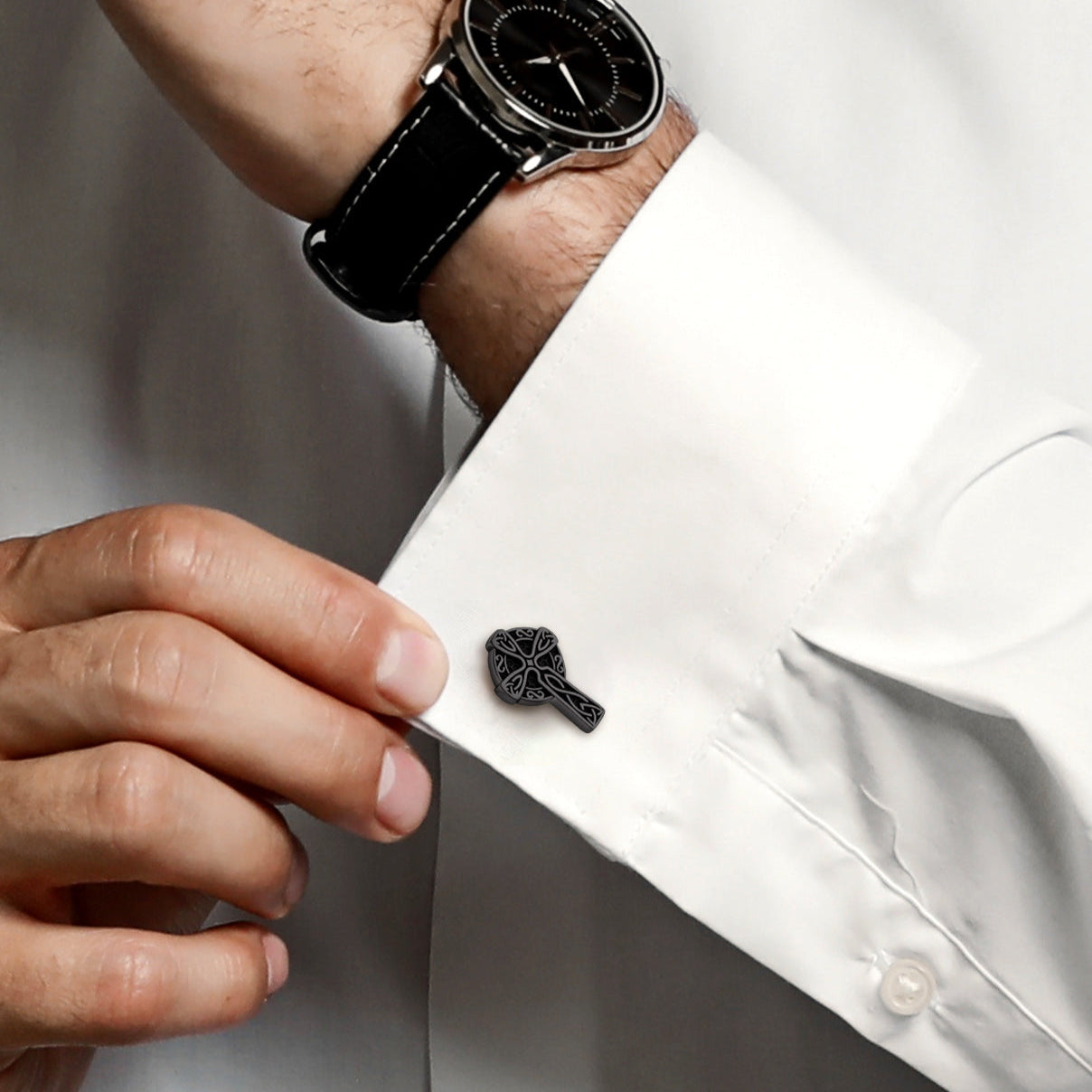 Man wearing Irish Celtic Cross Cufflinks in Stainless Steel