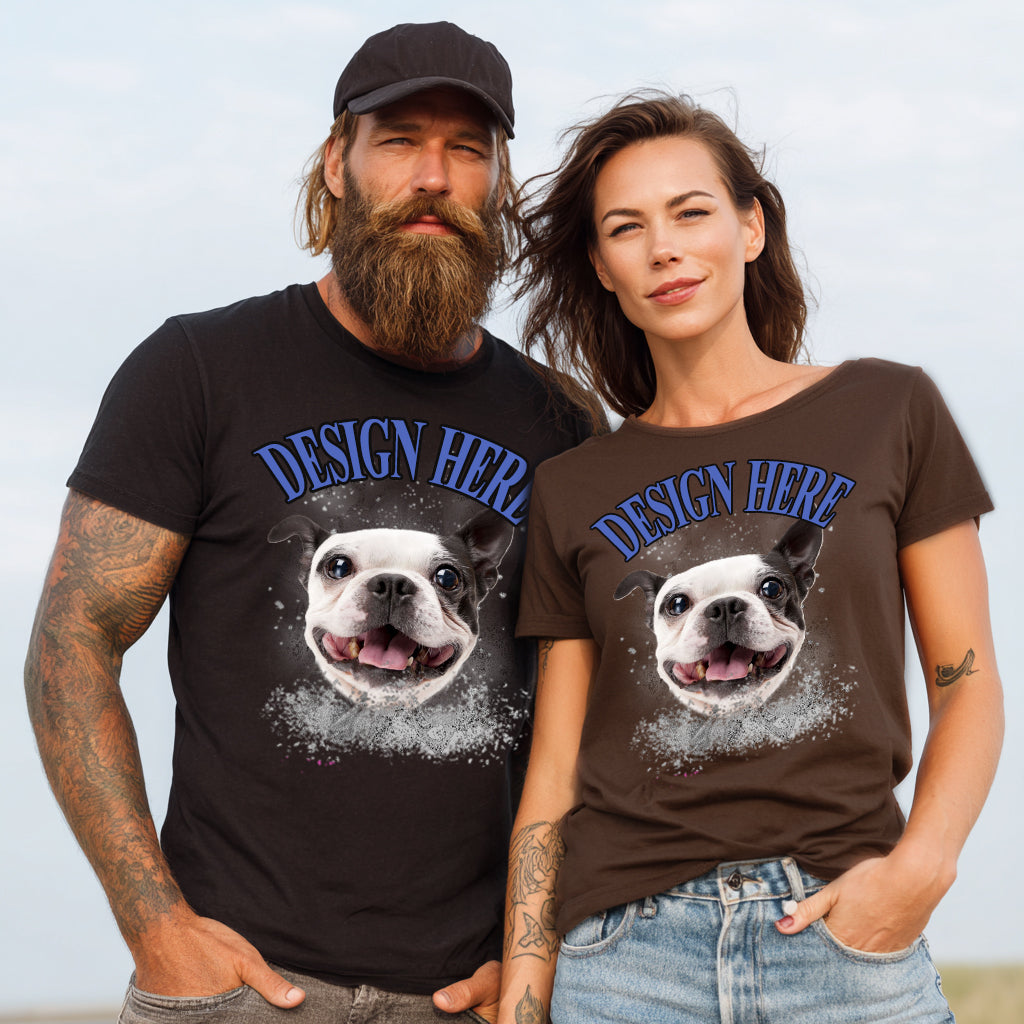 Two people wearing t-shirts with a dog graphic and 'Design Here' text.
