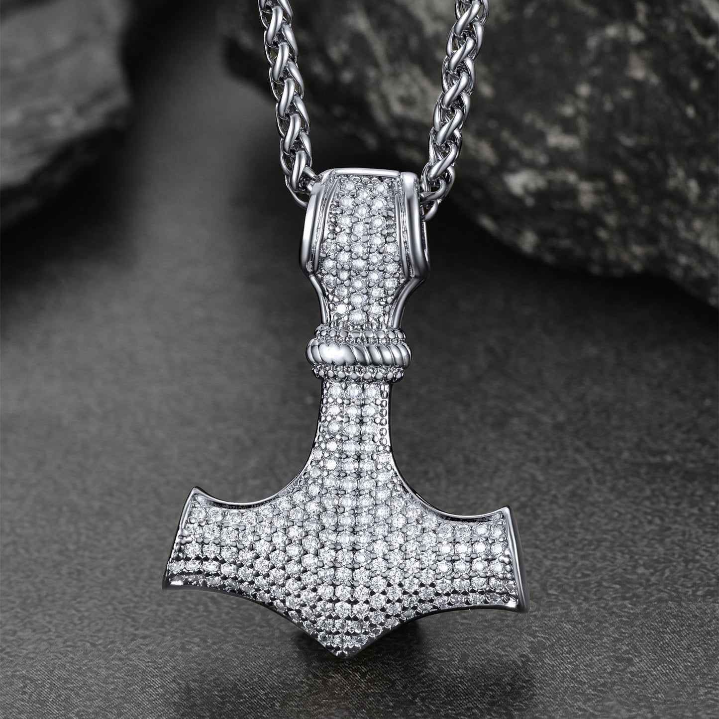 Silver Thor's Hammer Mjolnir Necklace with Cubic Zirconia