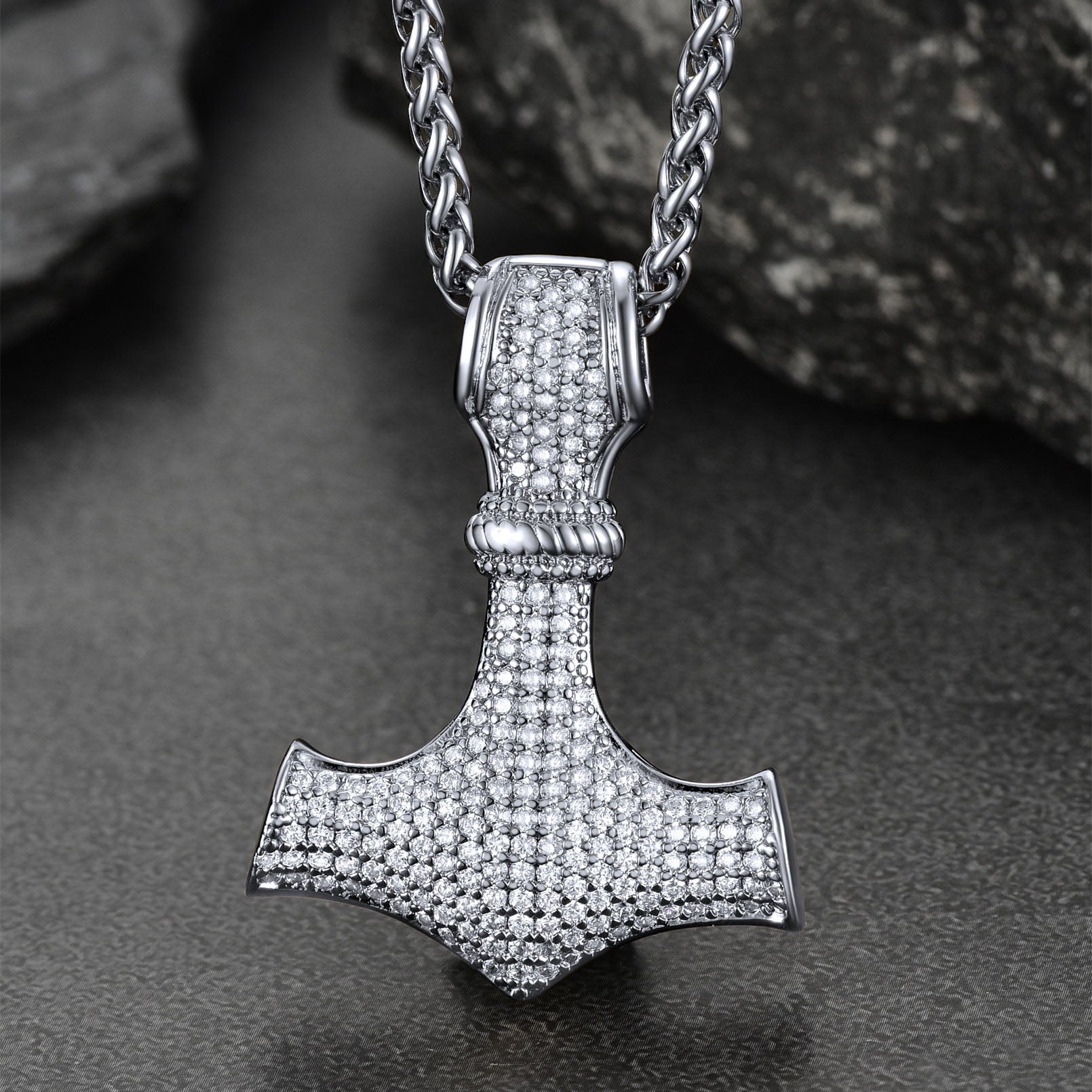 Silver Thor's Hammer Mjolnir Necklace with Cubic Zirconia