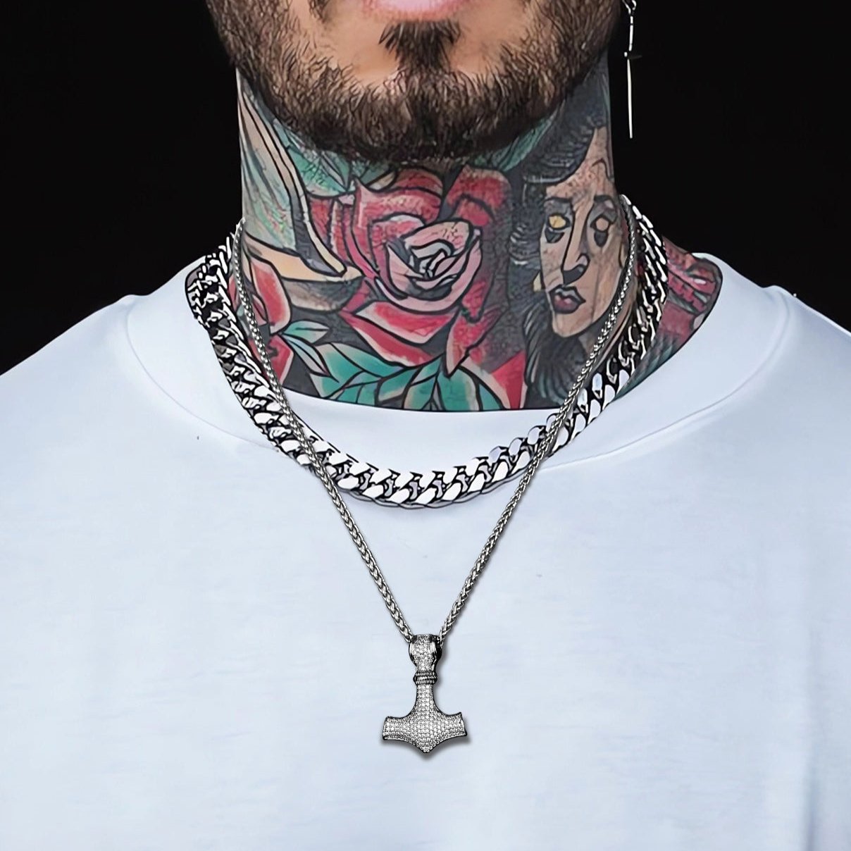 Thor's Hammer Mjolnir Necklace With Cubic Zirconia on Man