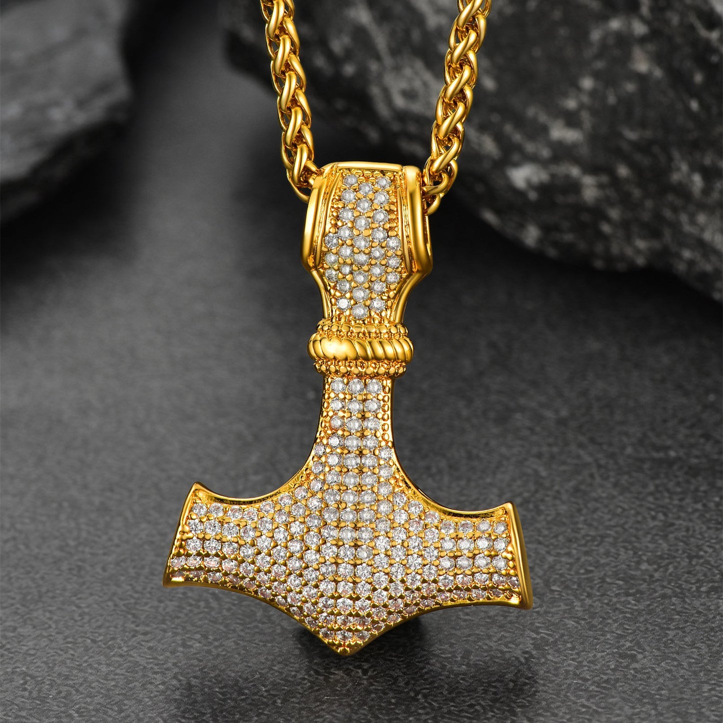 Gold Thor's Hammer Mjolnir Necklace with Cubic Zirconia