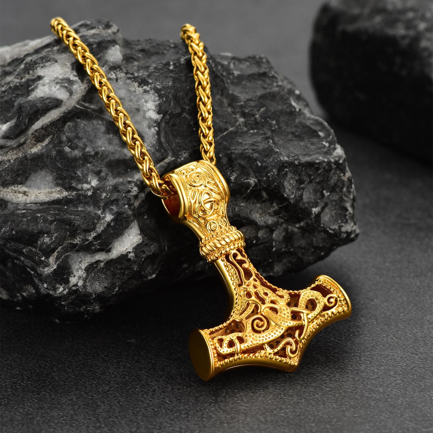 Gold Mjolnir Necklace on Stone, Viking Thor's Hammer Pendant