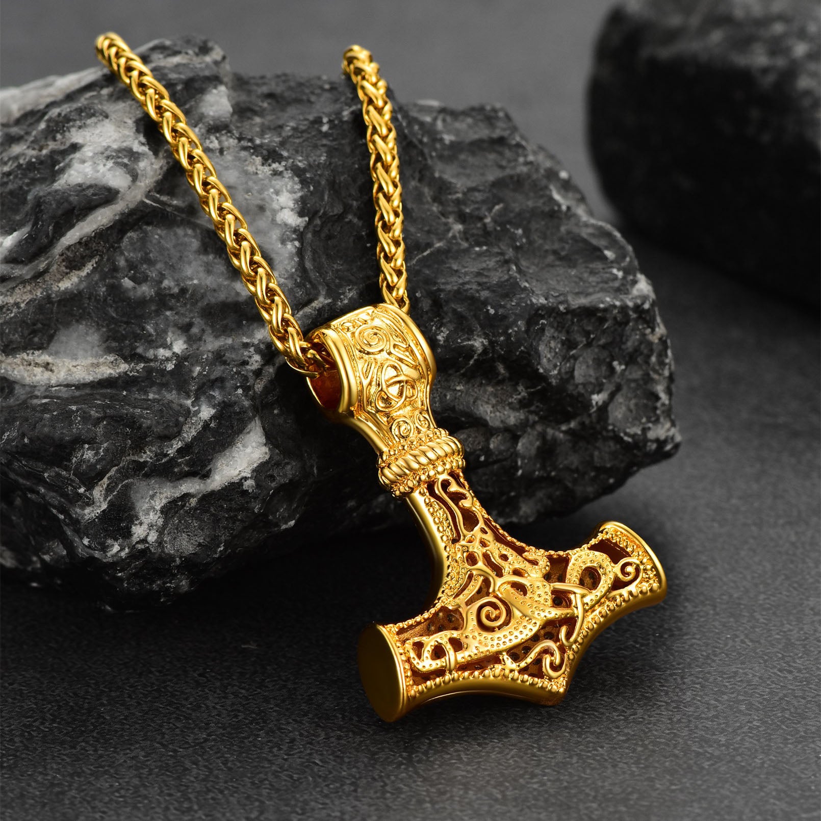Gold Mjolnir Necklace on Stone, Viking Thor's Hammer Pendant