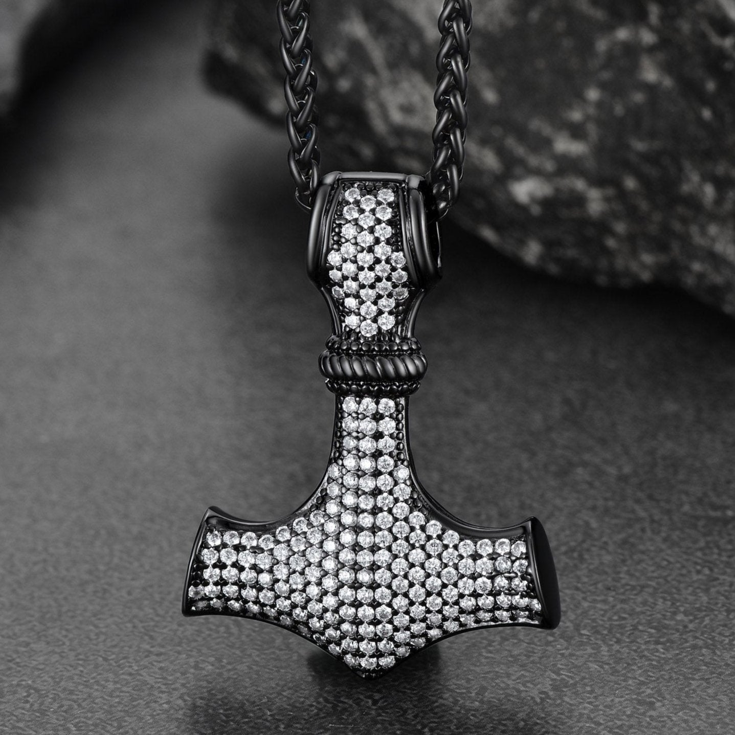 Black Thor's Hammer Mjolnir Necklace with Cubic Zirconia