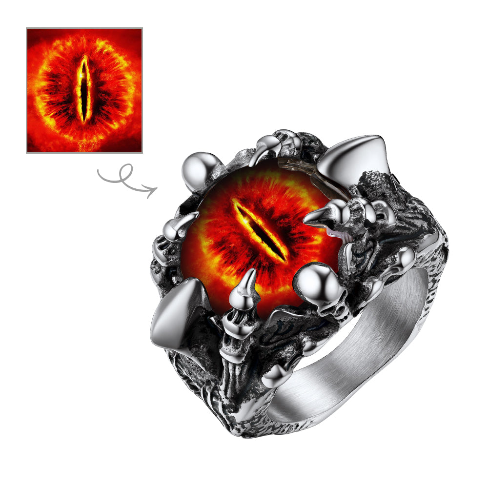 Gothic stainless steel dragon claw ring with evil eye.