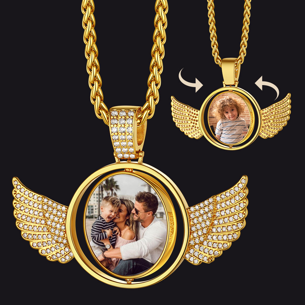Custom Gold Angel Wing Photo Necklace, Personalized Gift