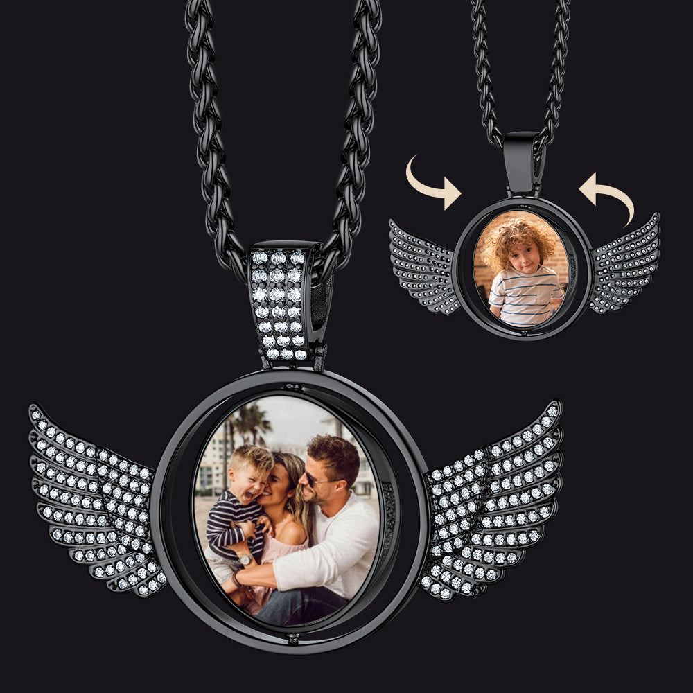 Double-sided Photo Necklace with Angel Wings - Custom Gift