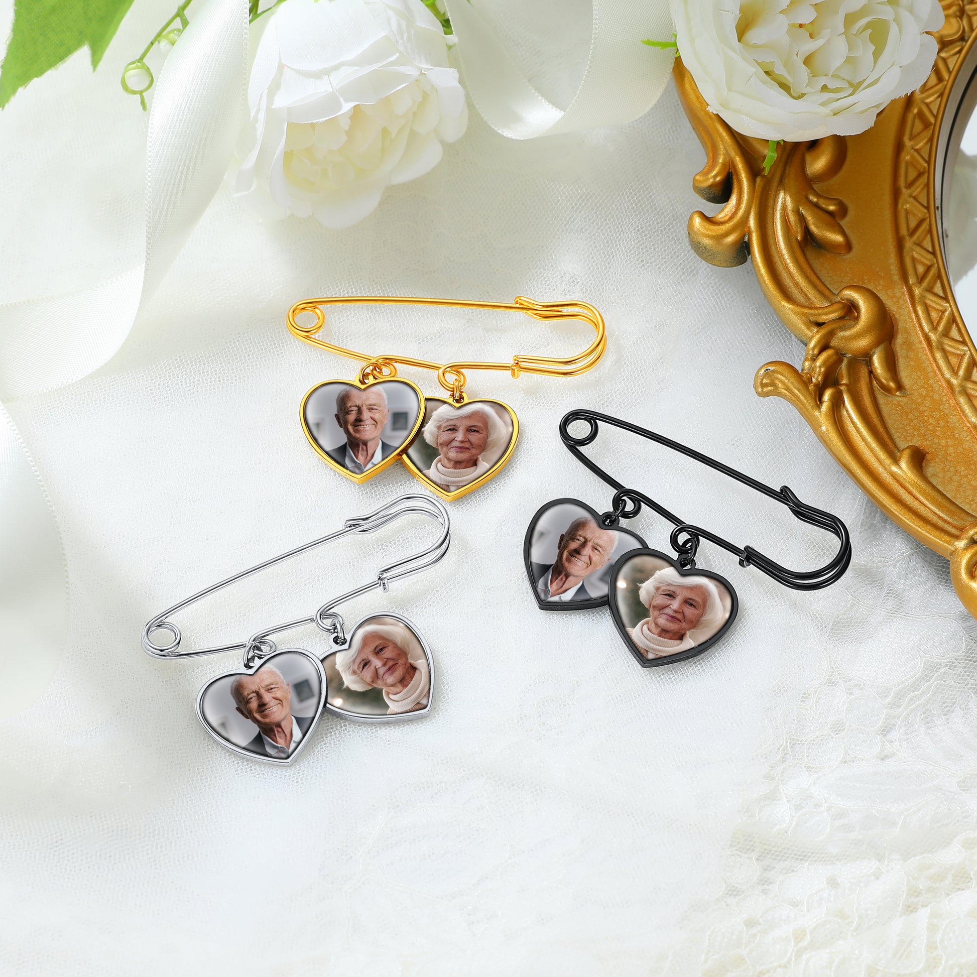 Customized Memorial Heart Photo Boutonniere Pins