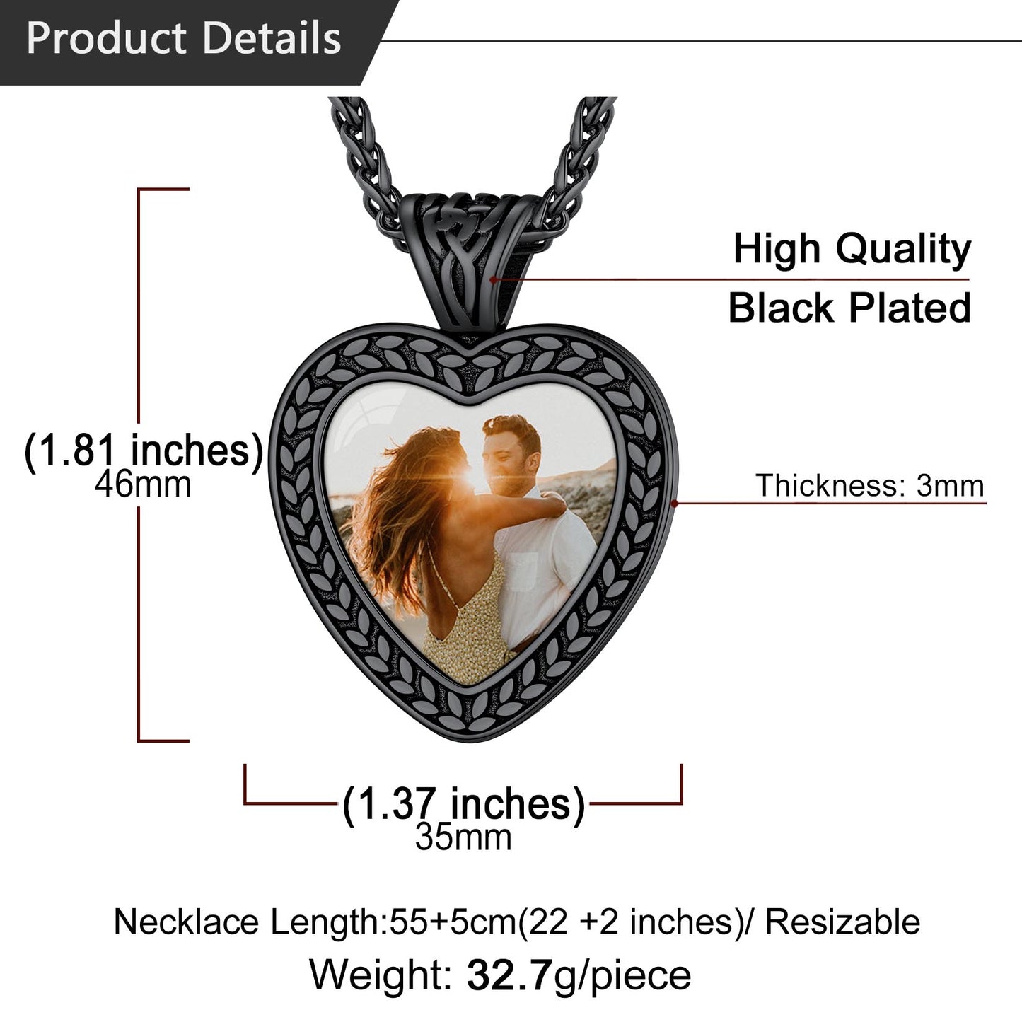 Black heart photo pendant necklace with size details, personalized memorial jewelry