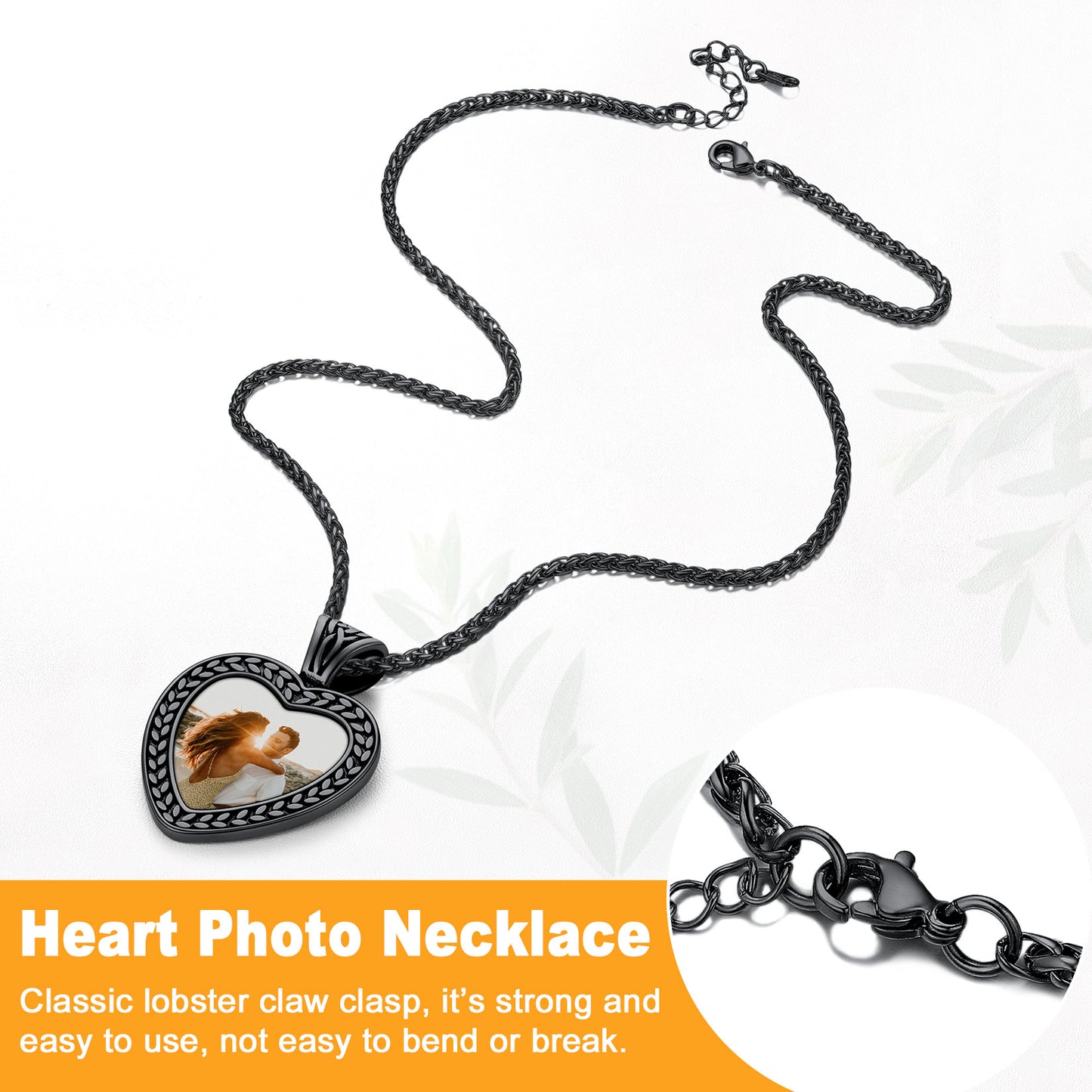 Black heart photo necklace with lobster clasp, personalized memorial jewelry
