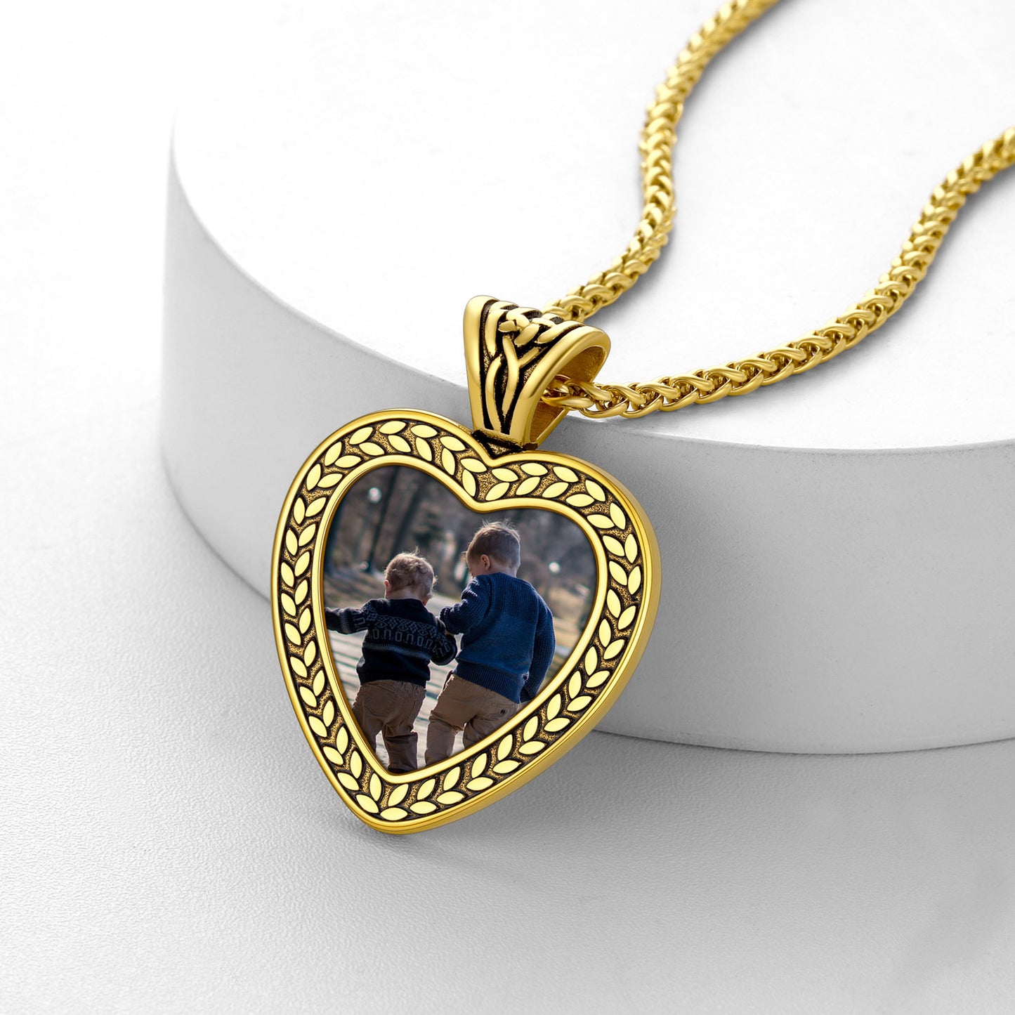 Gold heart pendant necklace with custom photo of two children, memorial gift