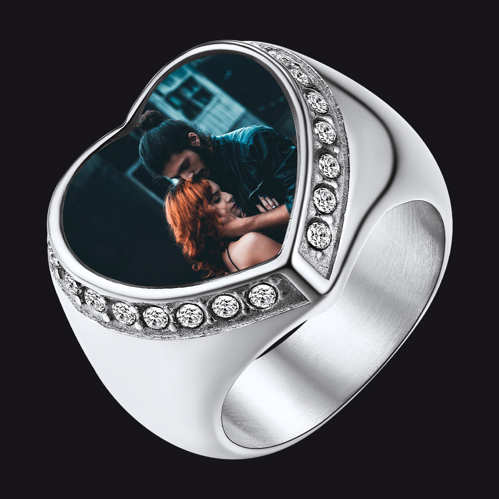 FaithHeart Heart Personalized Pictures Name Engraving Stainless Steel Signet Ring FaithHeart
