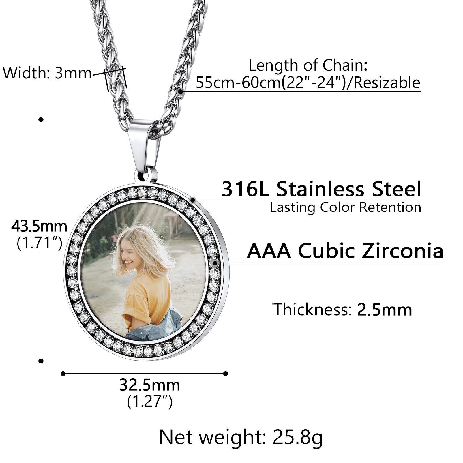 CZ Photo Necklace dimensions and material, stainless steel
