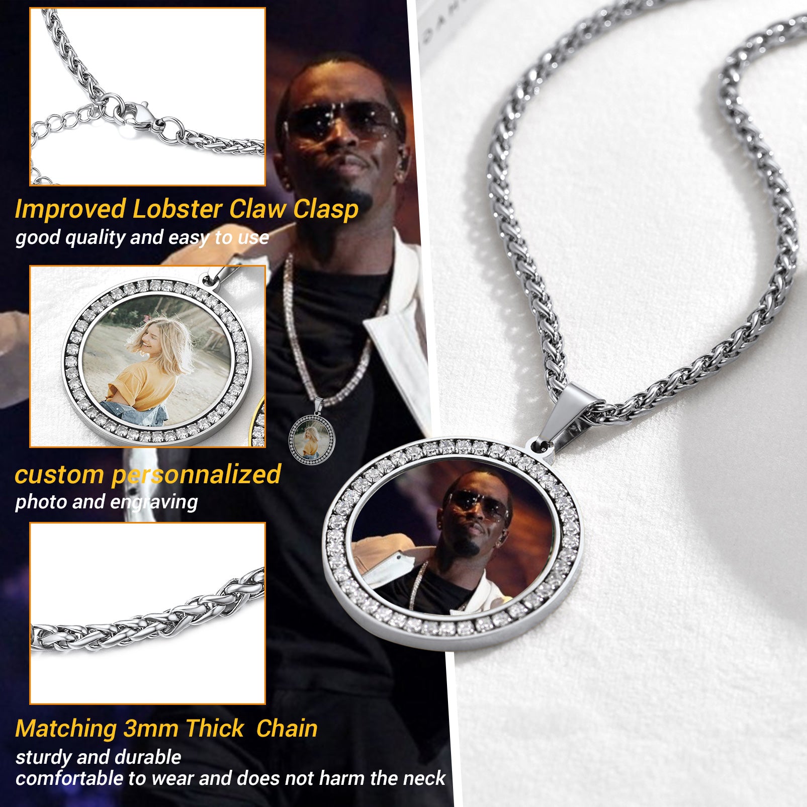 Custom CZ Picture Necklace with Photo Pendant for Men and Women
