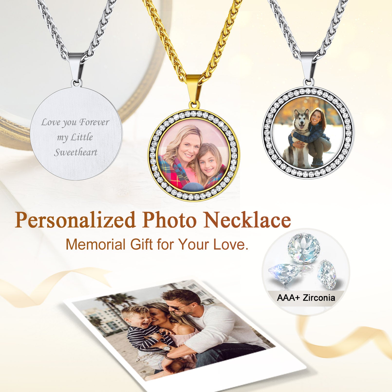 Personalized CZ Picture Necklace, Memorial Gift for Your Love, AAA+ Zirconia