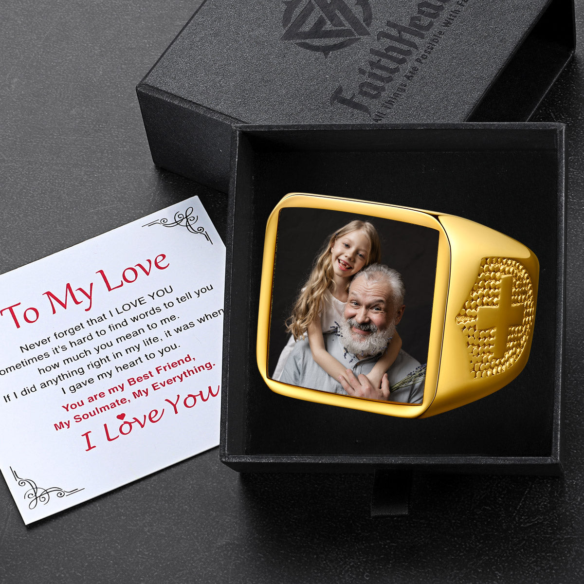 FaithHeart Custom Engraved Cross Signet Ring With Photo for Men
