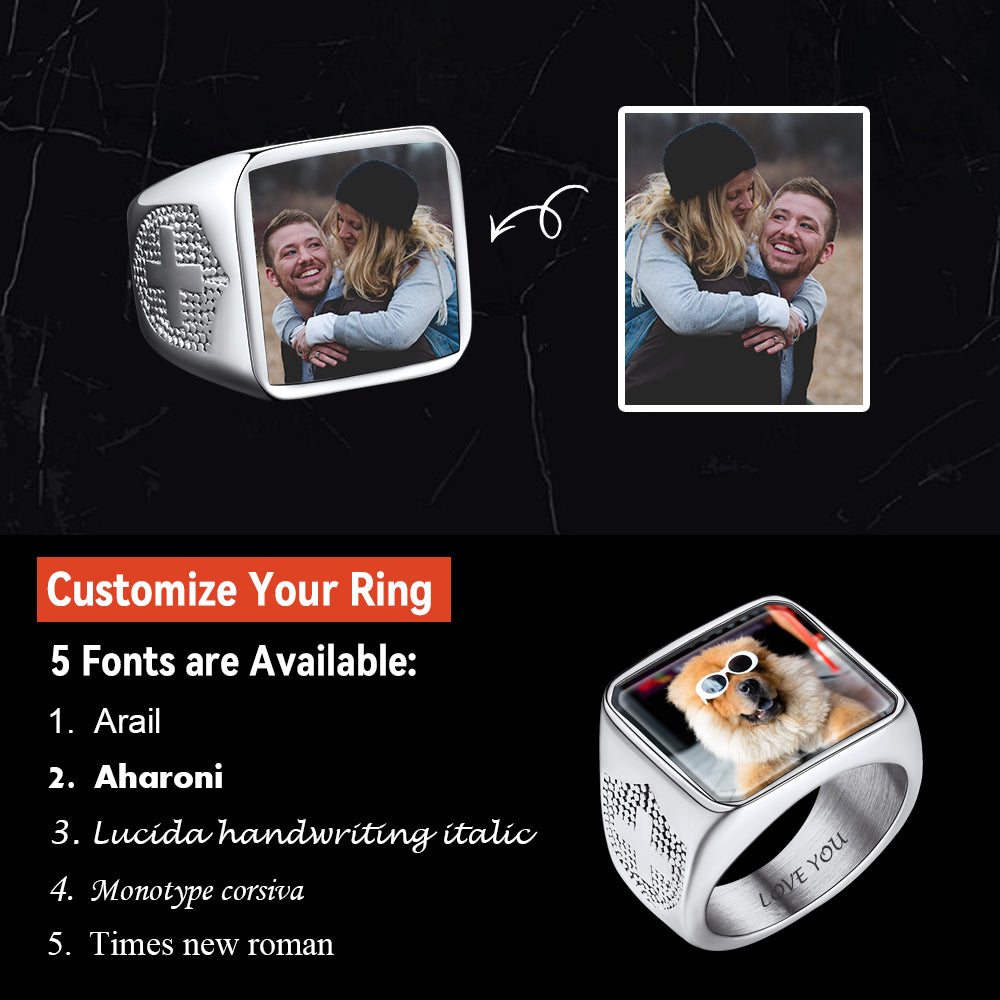 FaithHeart Custom Engraved Cross Signet Ring With Photo for Men FaithHeart
