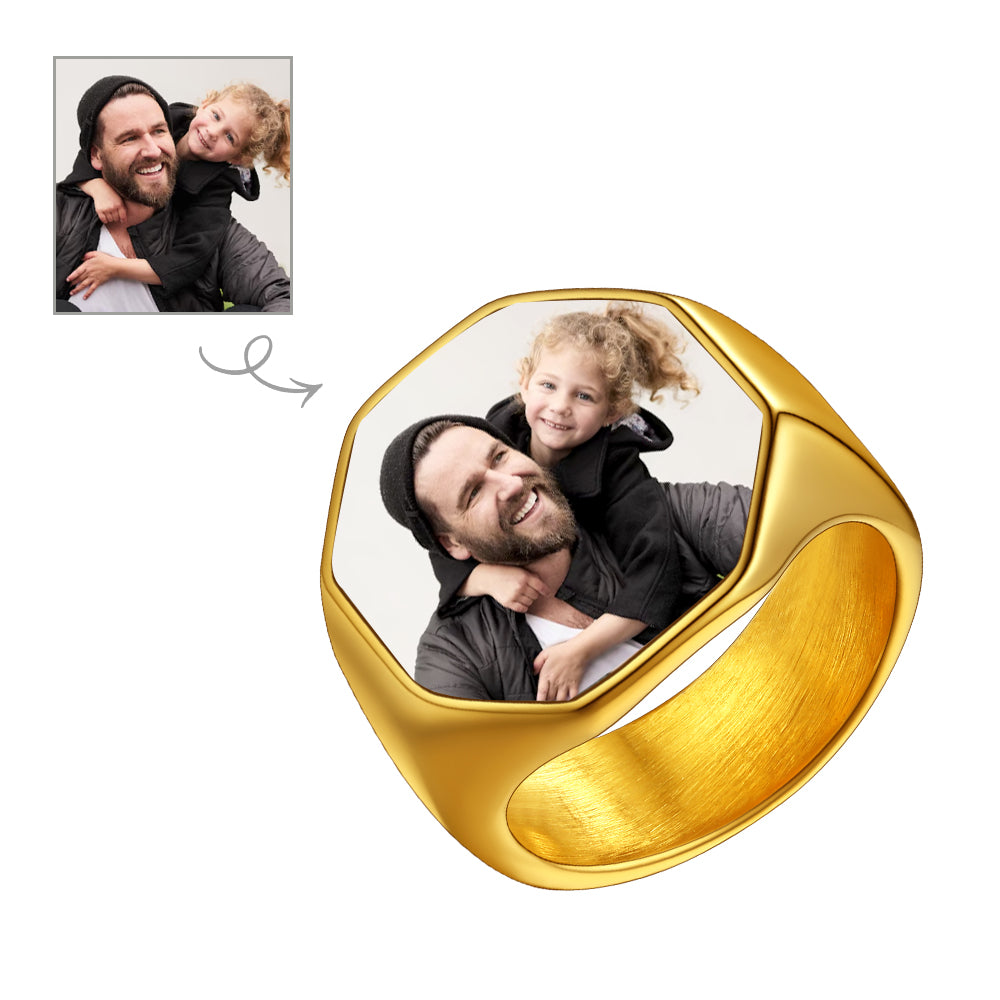 Personalized Photo Signet Ring for Men, Gold Plated