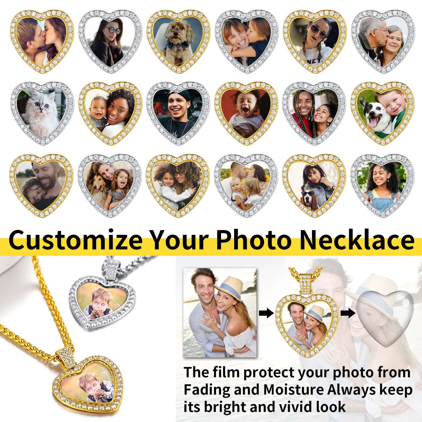 Customizable Heart Photo Necklace, Memorial Gift with Protected Photos