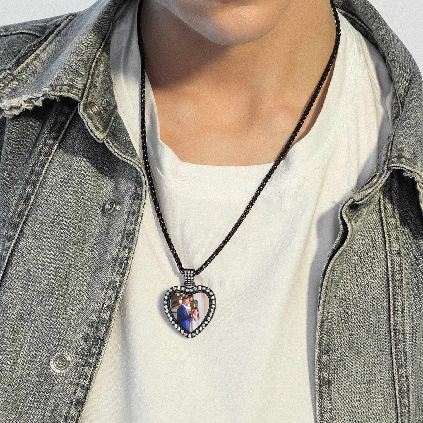 Custom heart photo necklace, personalized gift for men