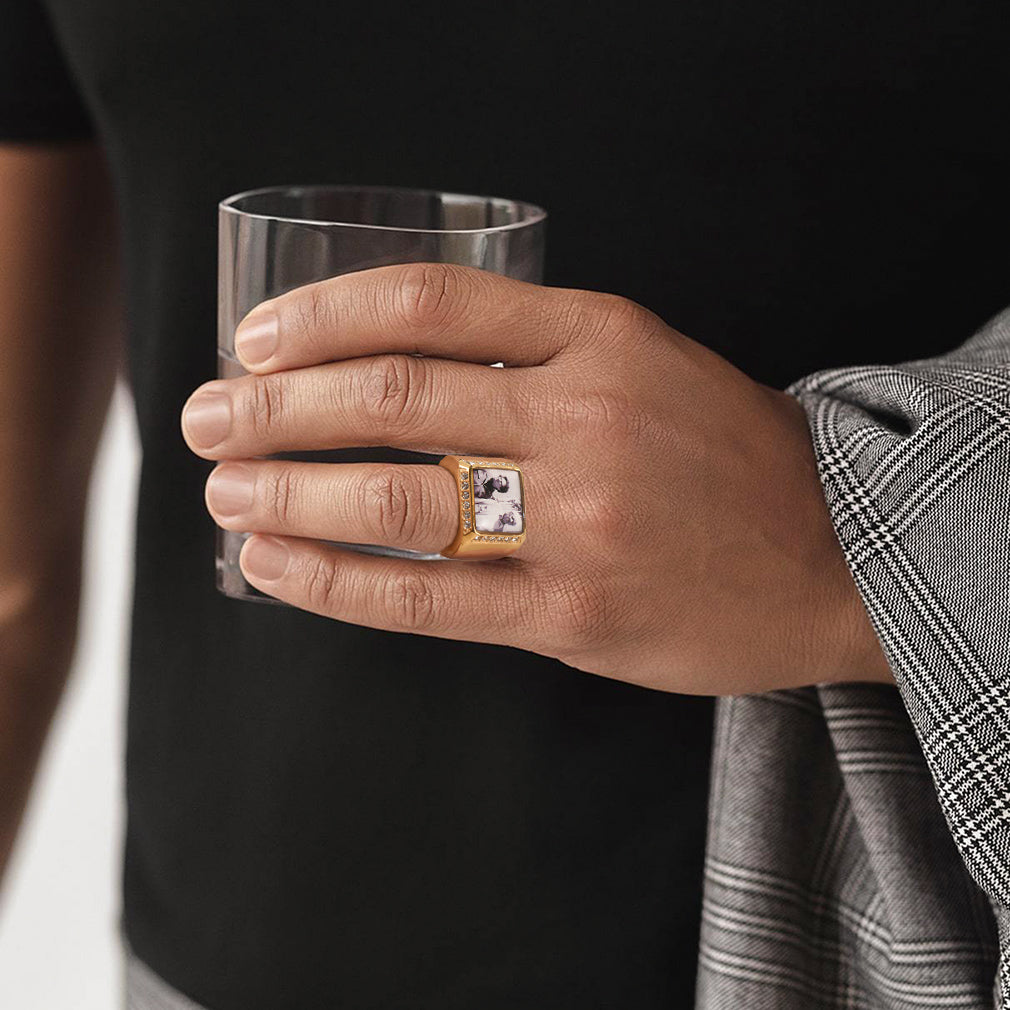 FaithHeart Personalized Pictures Name Engraving Stainless Steel Square Signet Ring FaithHeart