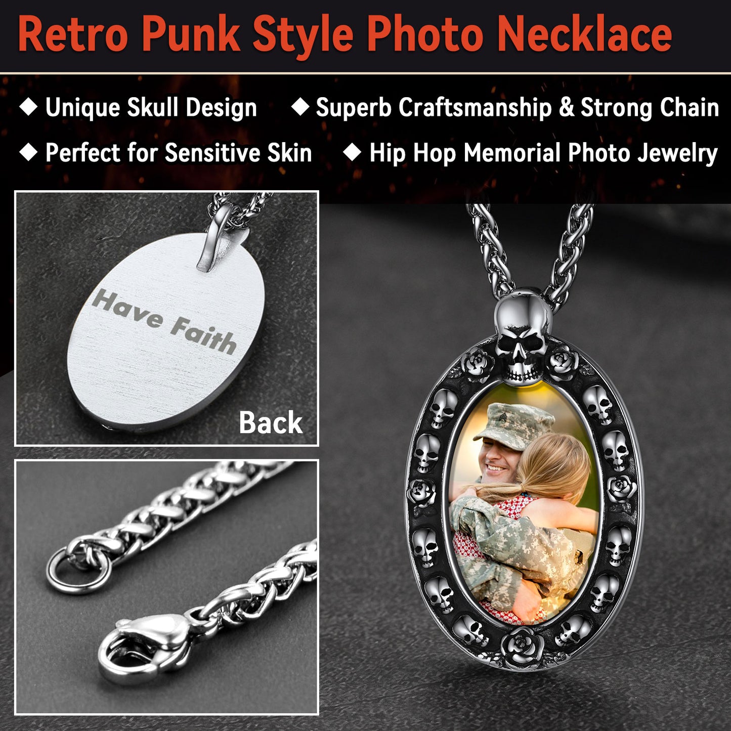 Oval personalized photo pendant with skull design, featuring a picture